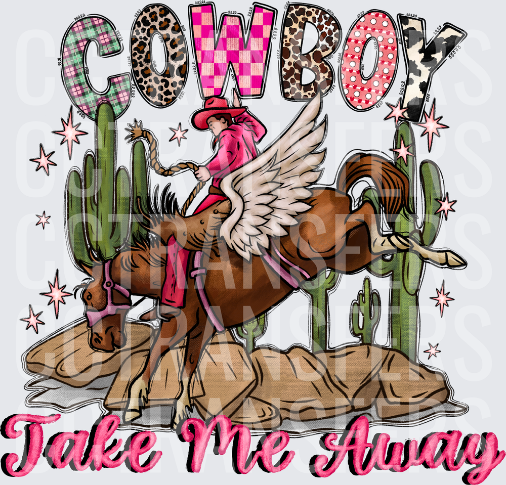 Cowboy Take Me Away Winged Bull Rider Pink Western (DTF)