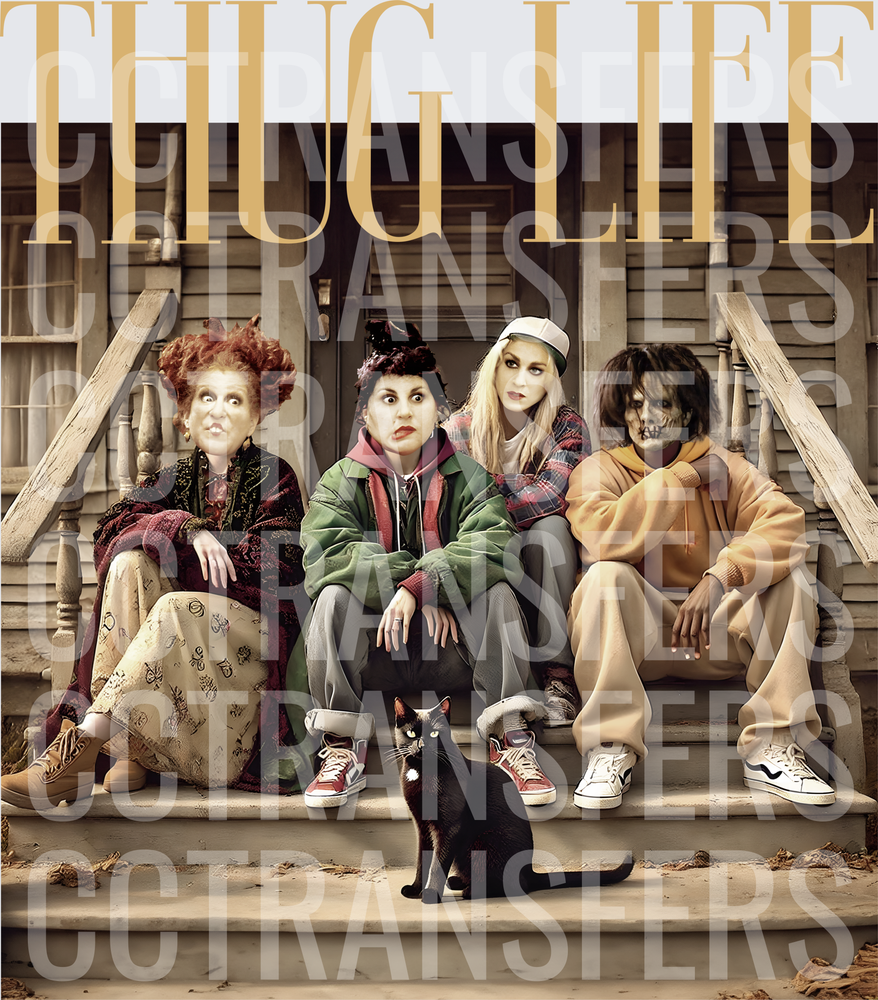 Thug Life Halloween Witches and Zombie on Porch with Black Cat (DTF)