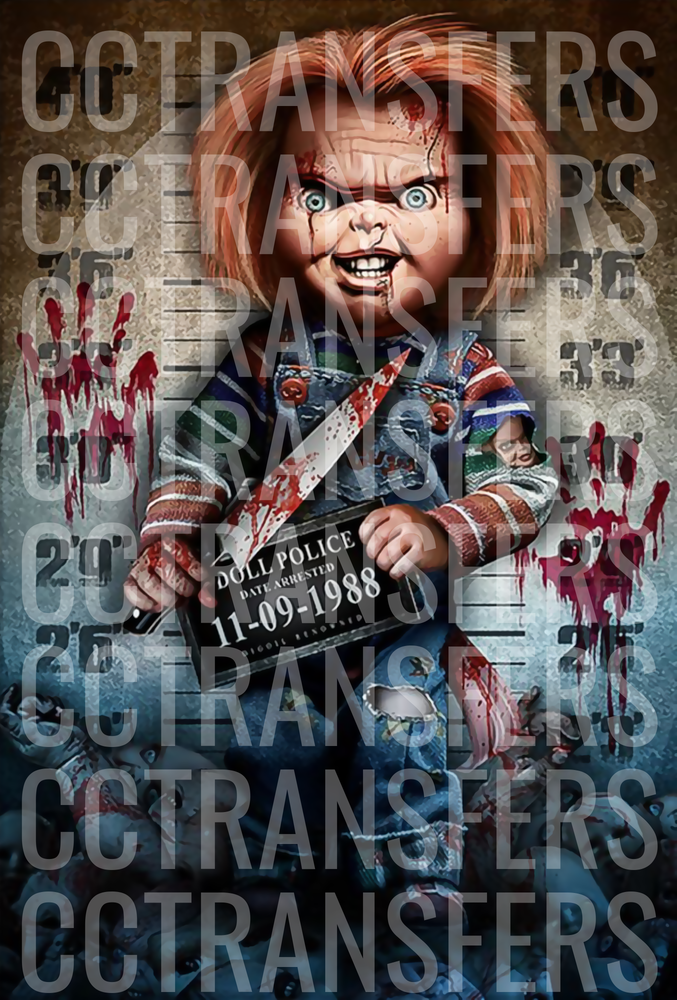 Chucky Killer Doll Mugshot Bloody Horror Scene (DTF)