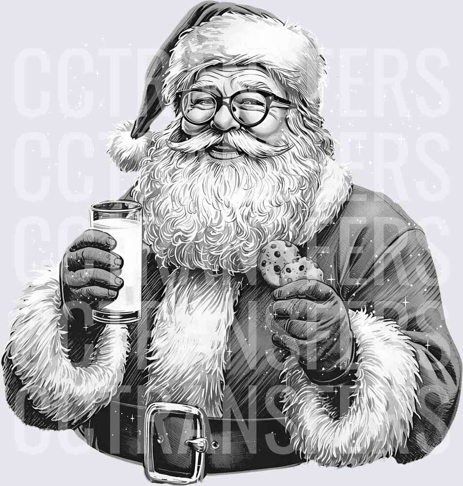 Santa Claus with Glasses Holding Milk and Cookie (DTF)