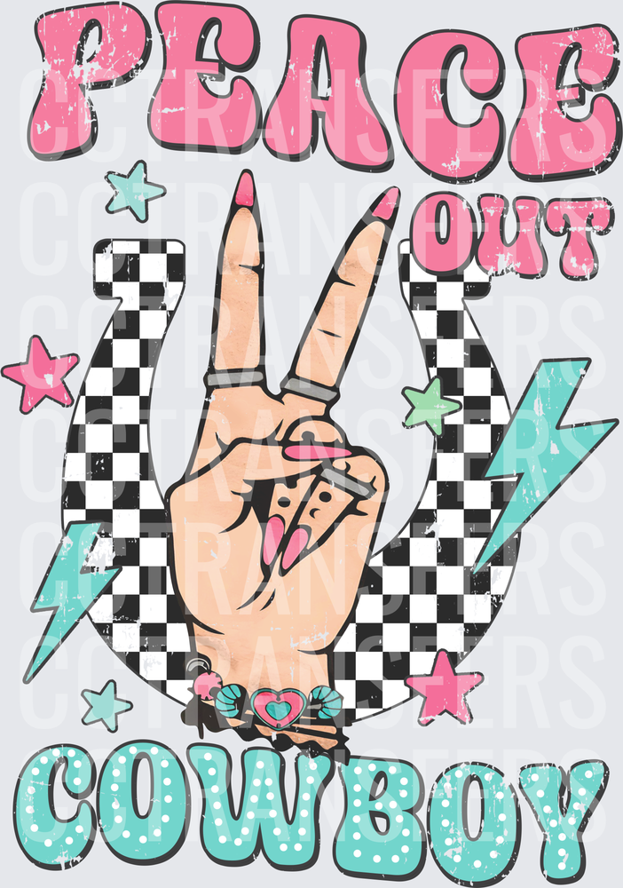 Peace Out Cowboy Retro Hand Peace Sign Horseshoe (DTF)