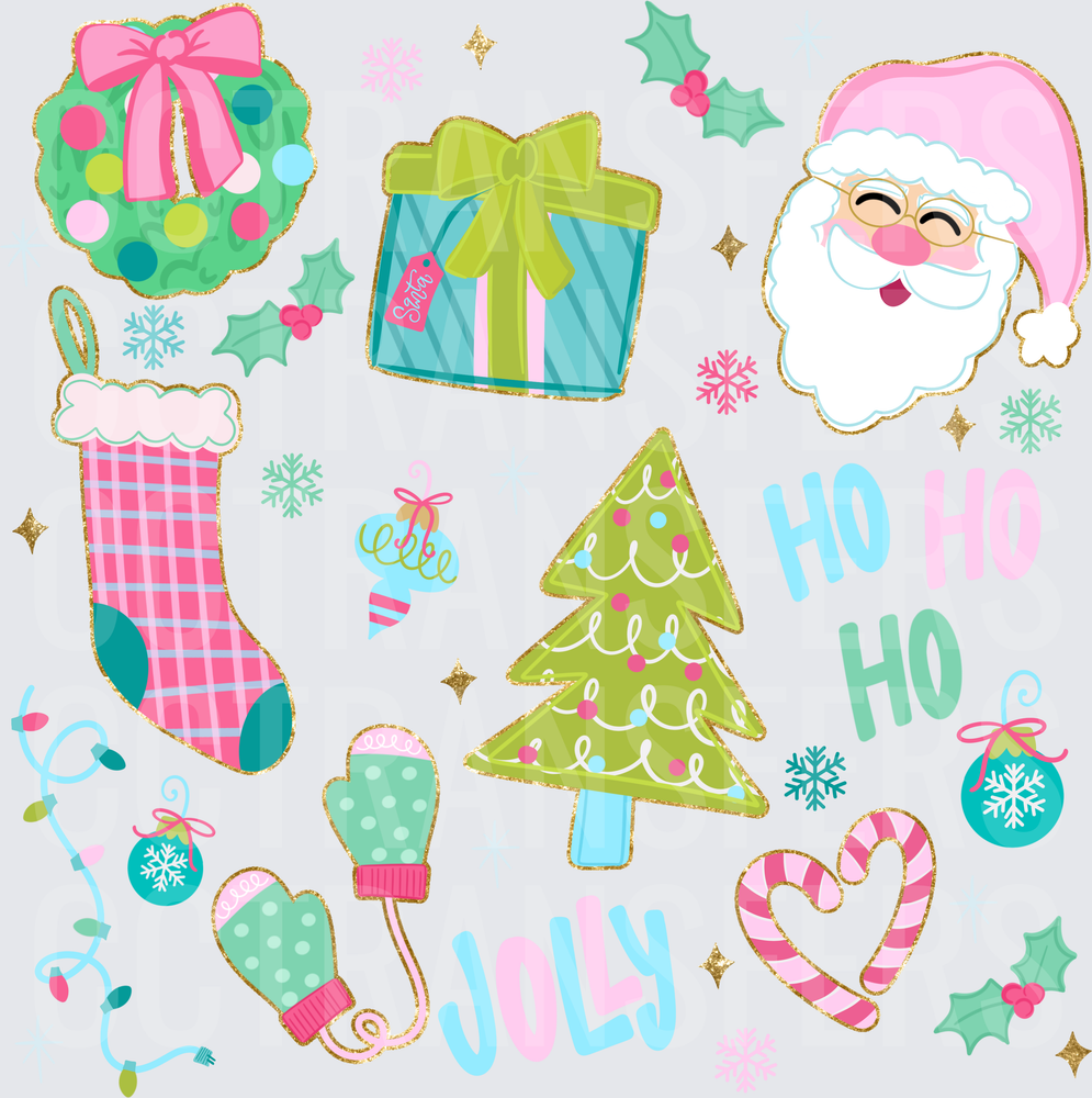 Ho Ho Ho Jolly Christmas Icons Pink Green Santa (DTF)