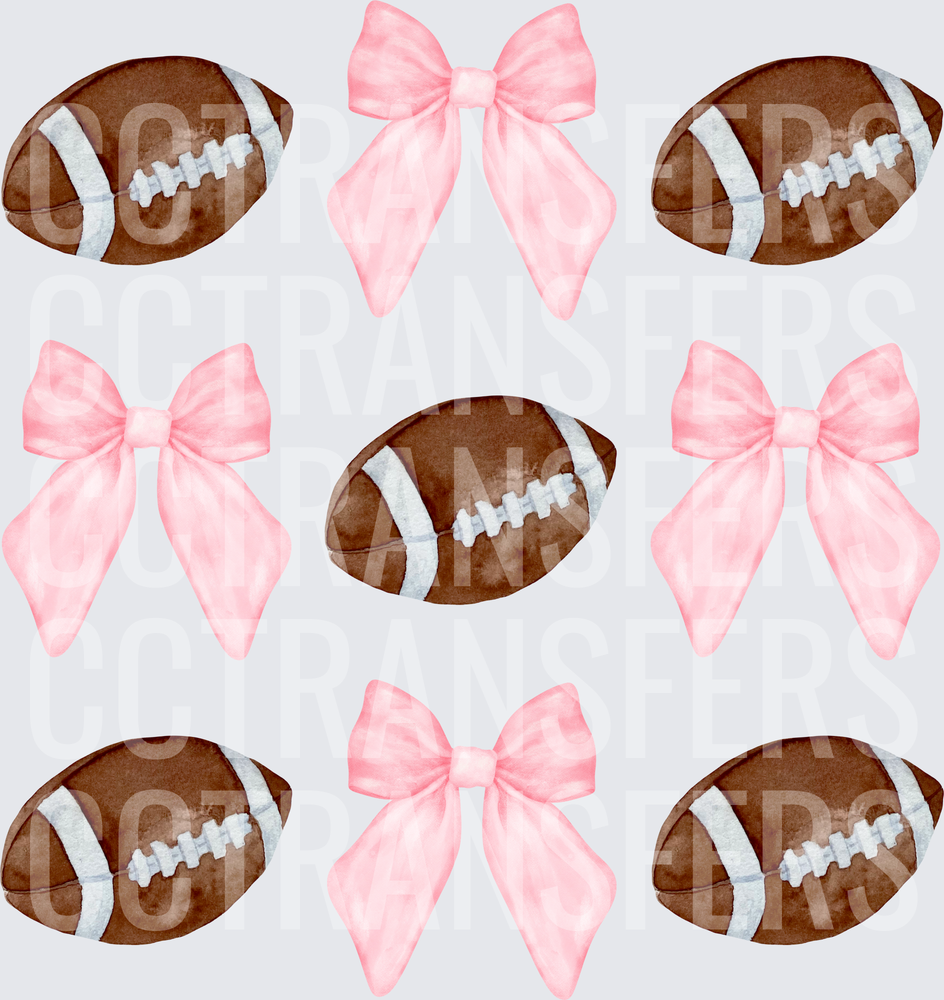Watercolor Footballs and Pink Bows Pattern (DTF)