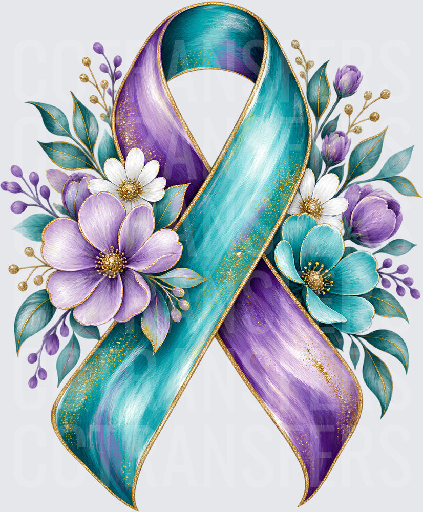 Teal Purple Awareness Ribbon Floral Gold Glitter (DTF)