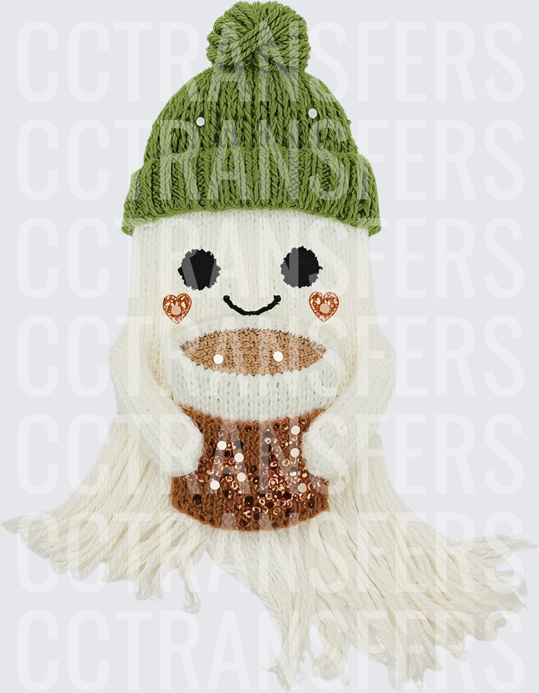 Cozy Knit Ghost Green Pom Beanie Holding Hot Cocoa Cup (DTF)