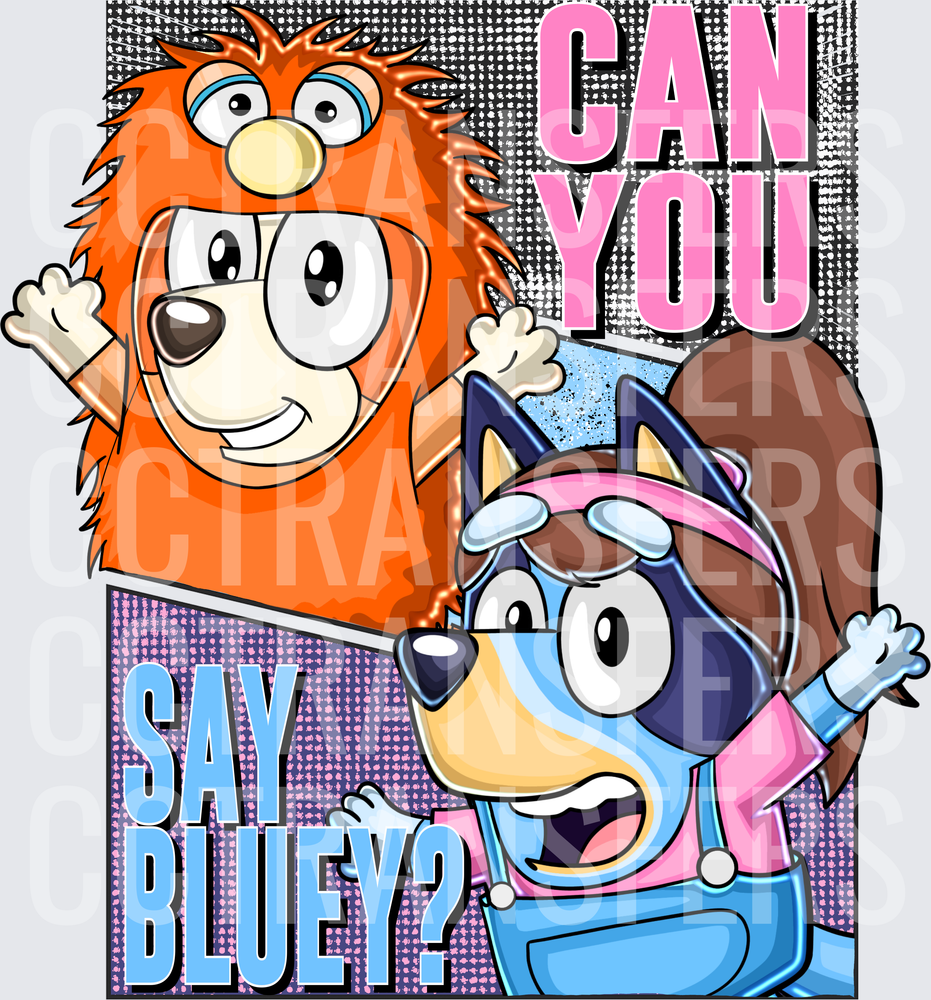 Can You Say Bluey? Cartoon Puppy Duo Comic Pop Art (DTF)