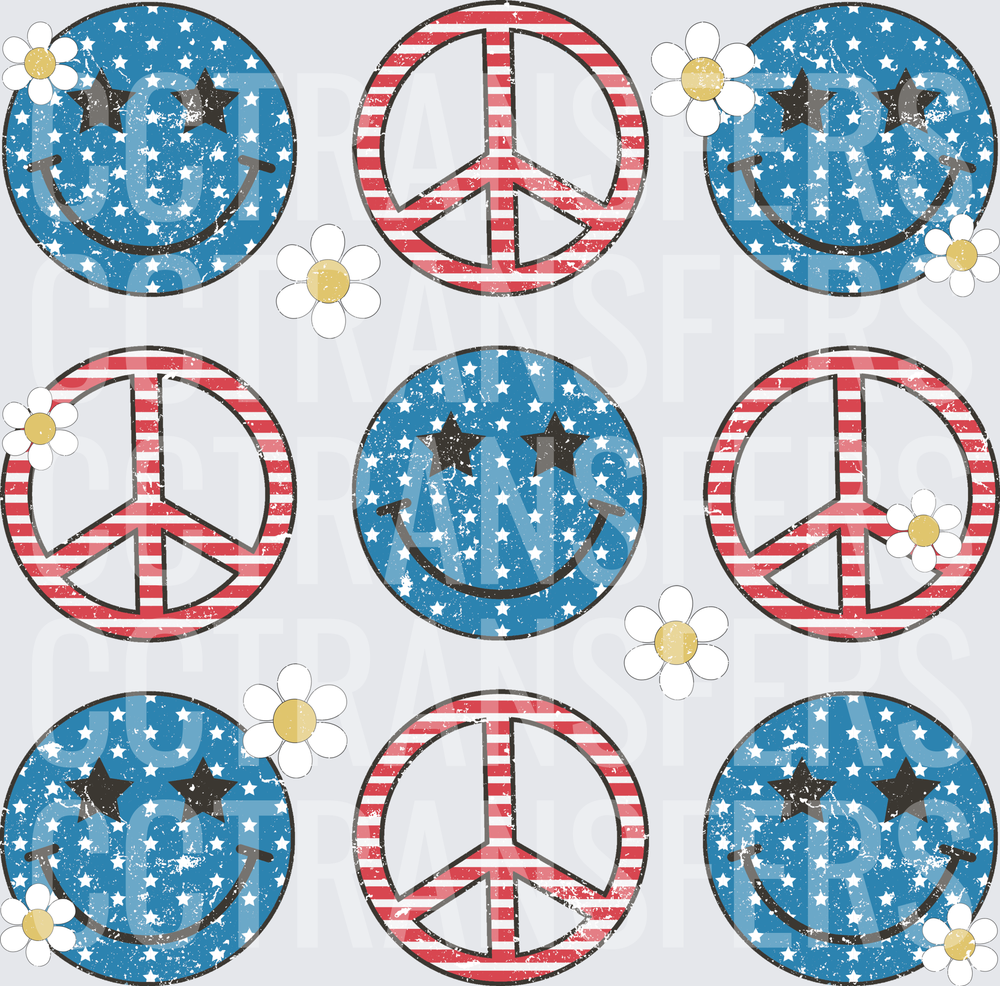 Patriotic Stars Stripes Smiley Peace Sign Daisy Bundle (DTF)