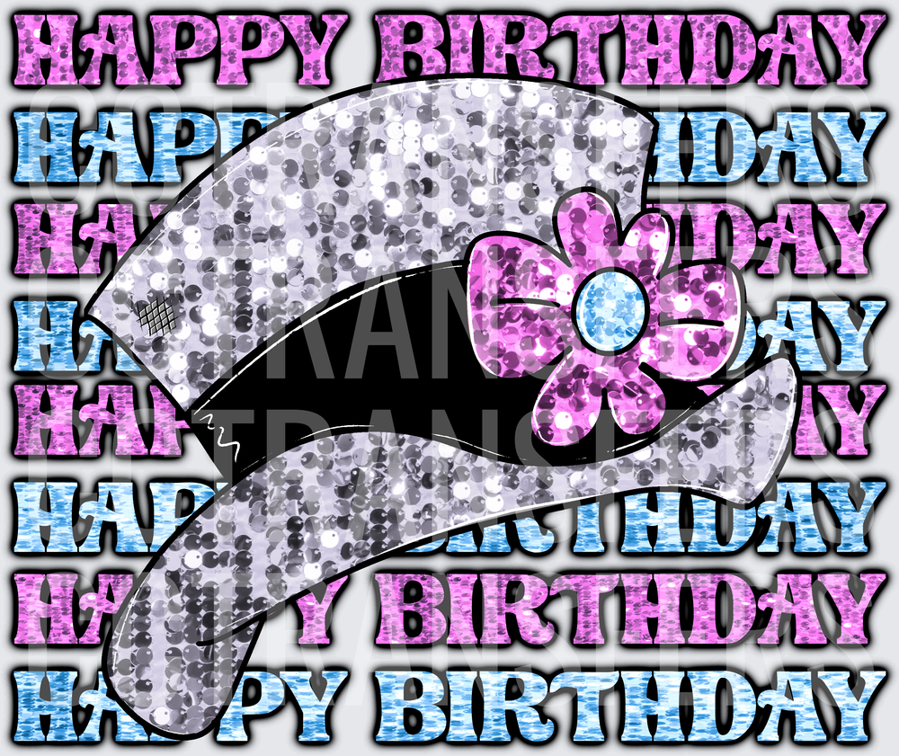 Happy Birthday Sequin Glitter Hat Pink Flower (DTF)