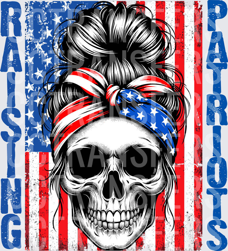 Raising Patriots Skull Messy Bun American Flag (DTF)