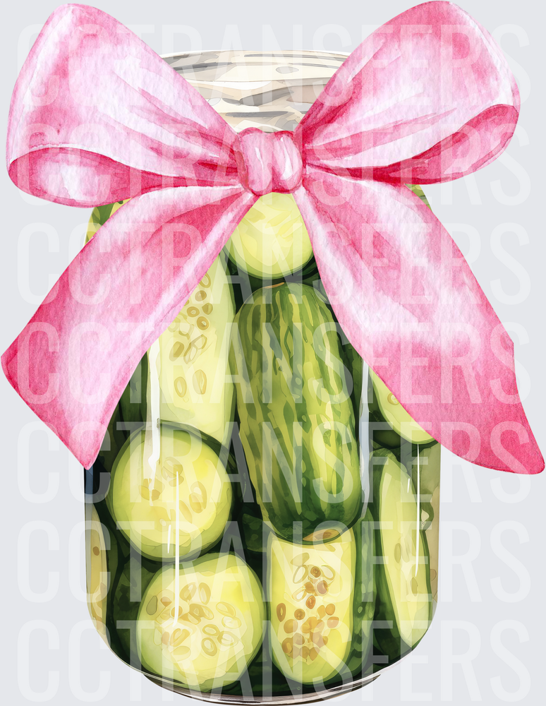 Watercolor Pickle Jar with Pink Bow (DTF)