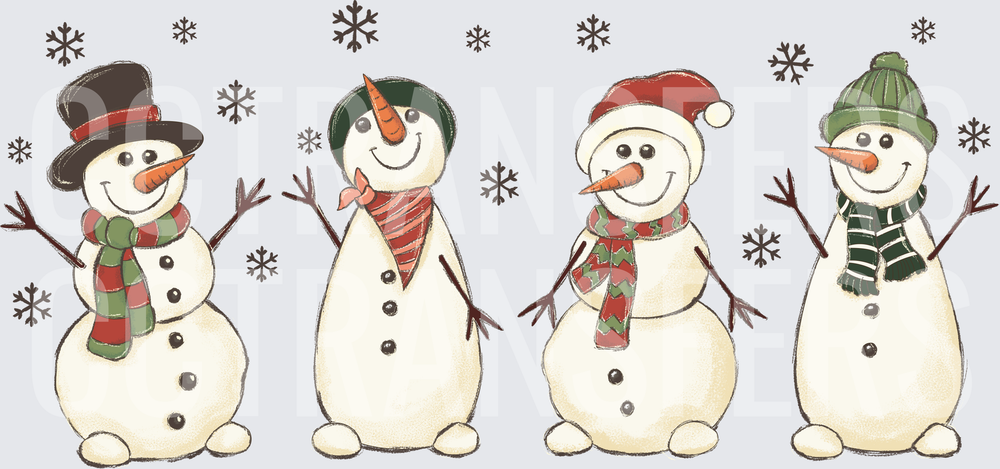 Four Festive Snowmen with Scarves and Hats Winter Scene (DTF)