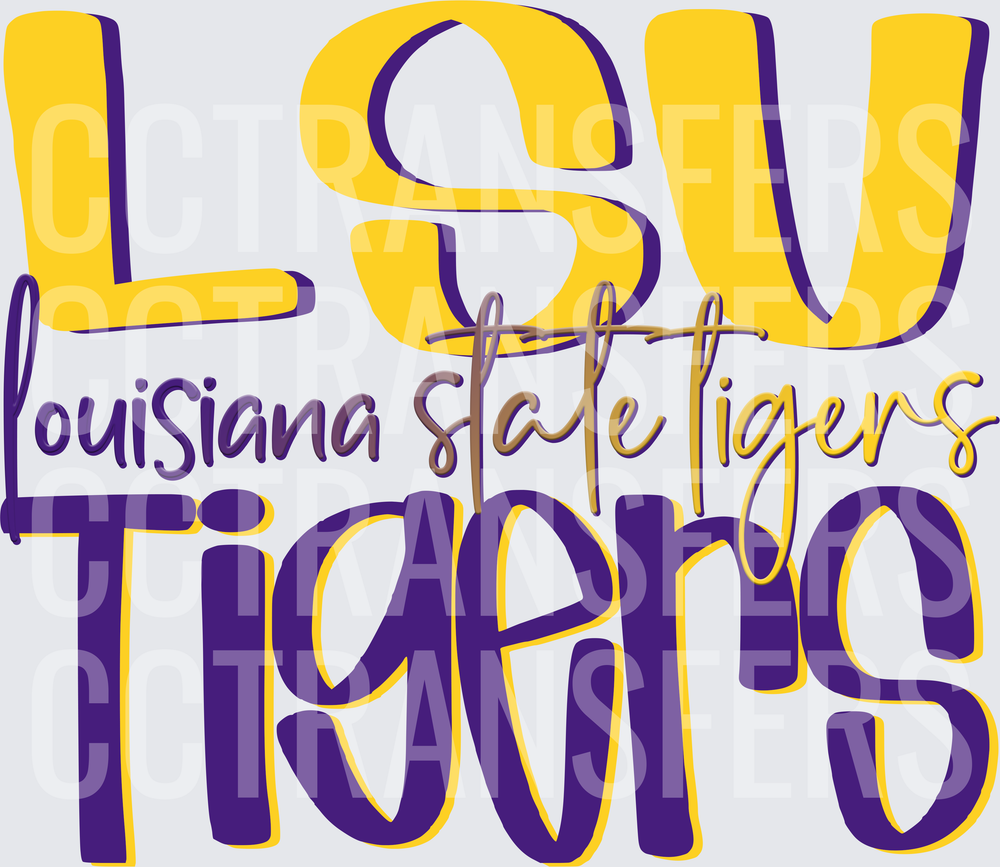 LSU Tigers Louisiana State Purple Gold Stacked Lettering (DTF)