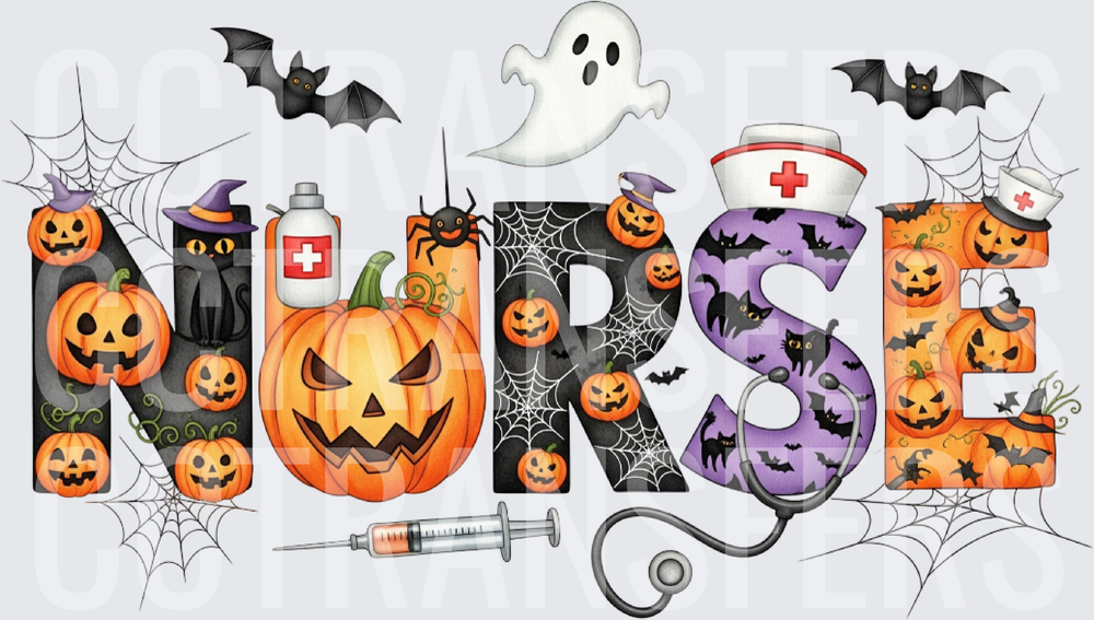 Halloween Nurse Spooky Pumpkins Bats Ghost Medical (DTF)