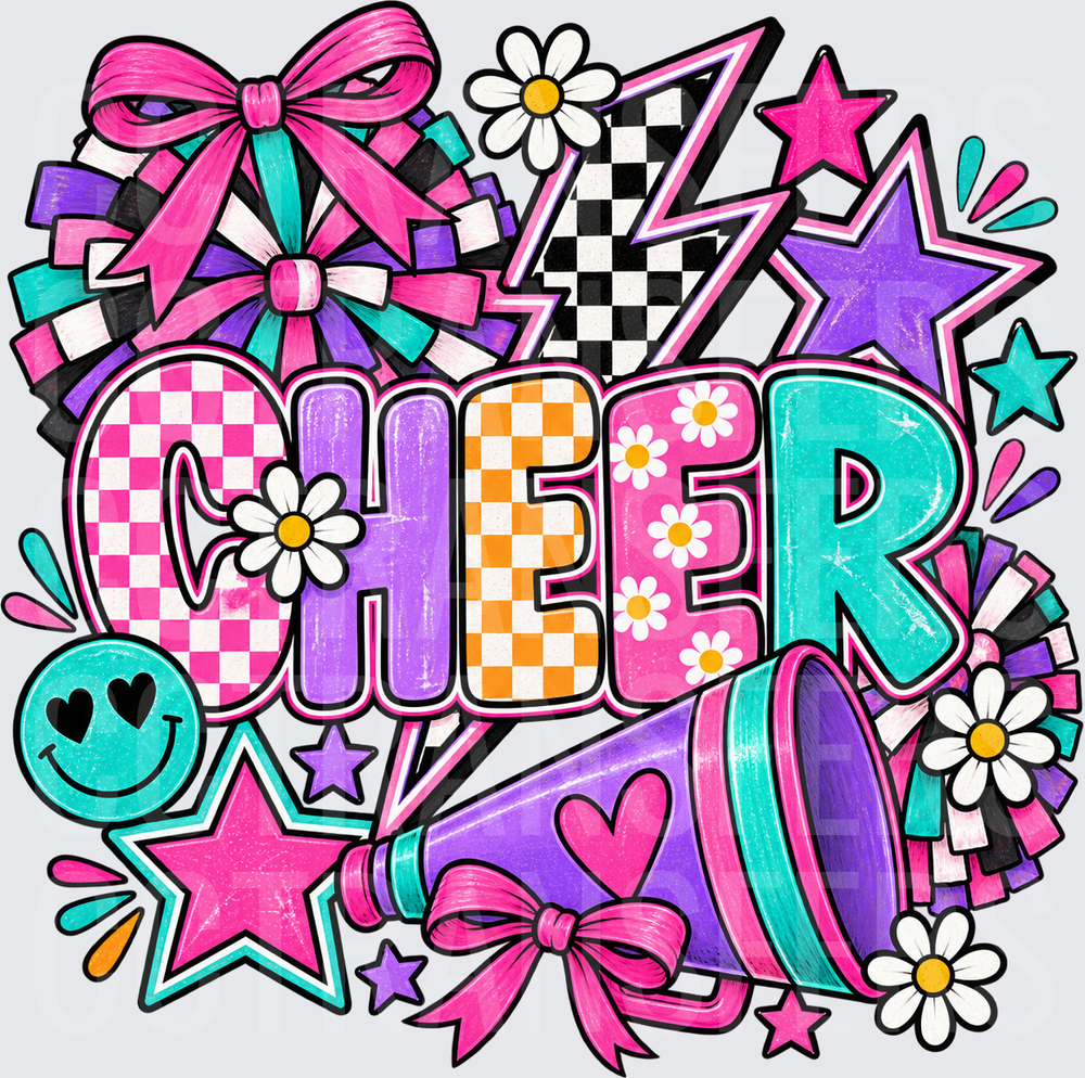 Colorful Cheer Doodle Bows Stars Megaphone Daisy Design (DTF)