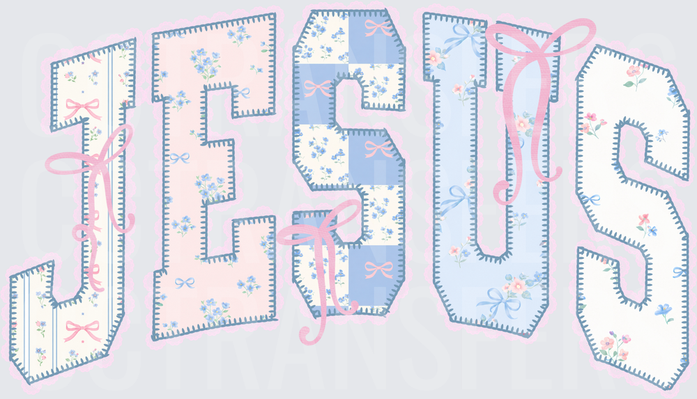 Coquette Floral Patchwork JESUS Varsity Letters with Bows (DTF)