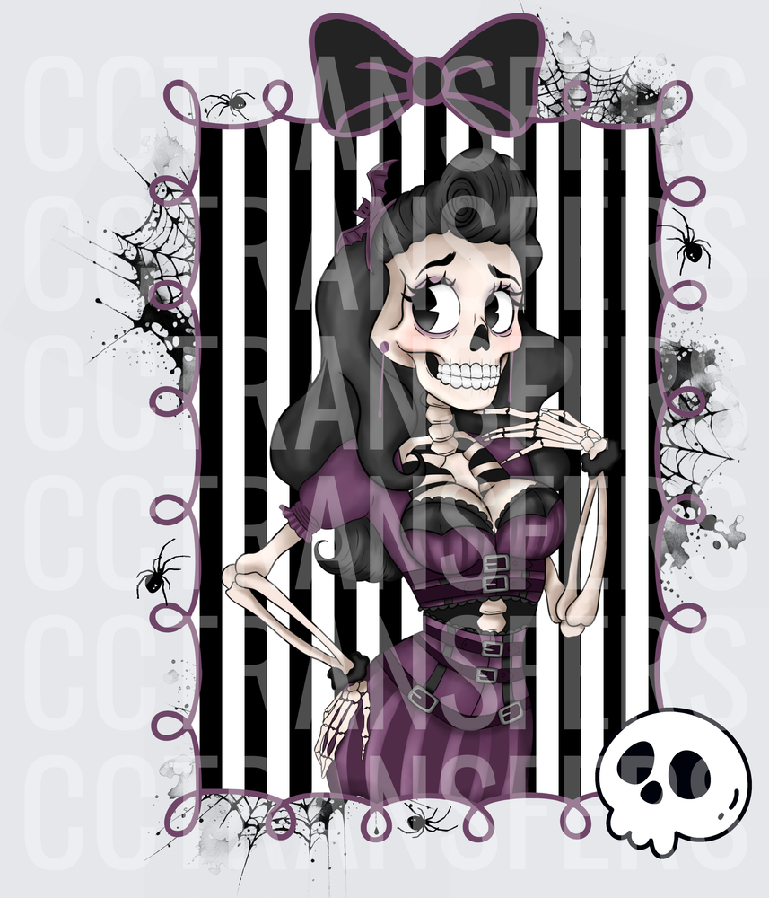 Goth Skeleton Pin-Up Girl Purple Corset Spiderweb Frame (DTF)