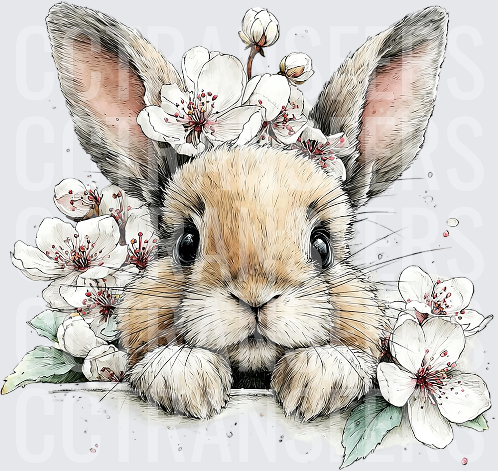 Cute Baby Bunny Peering Over Edge with Cherry Blossoms (DTF)