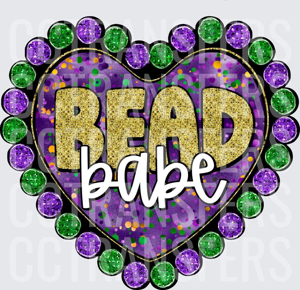 Mardi Gras Bead Babe Glitter Heart Purple Green Gold (DTF)