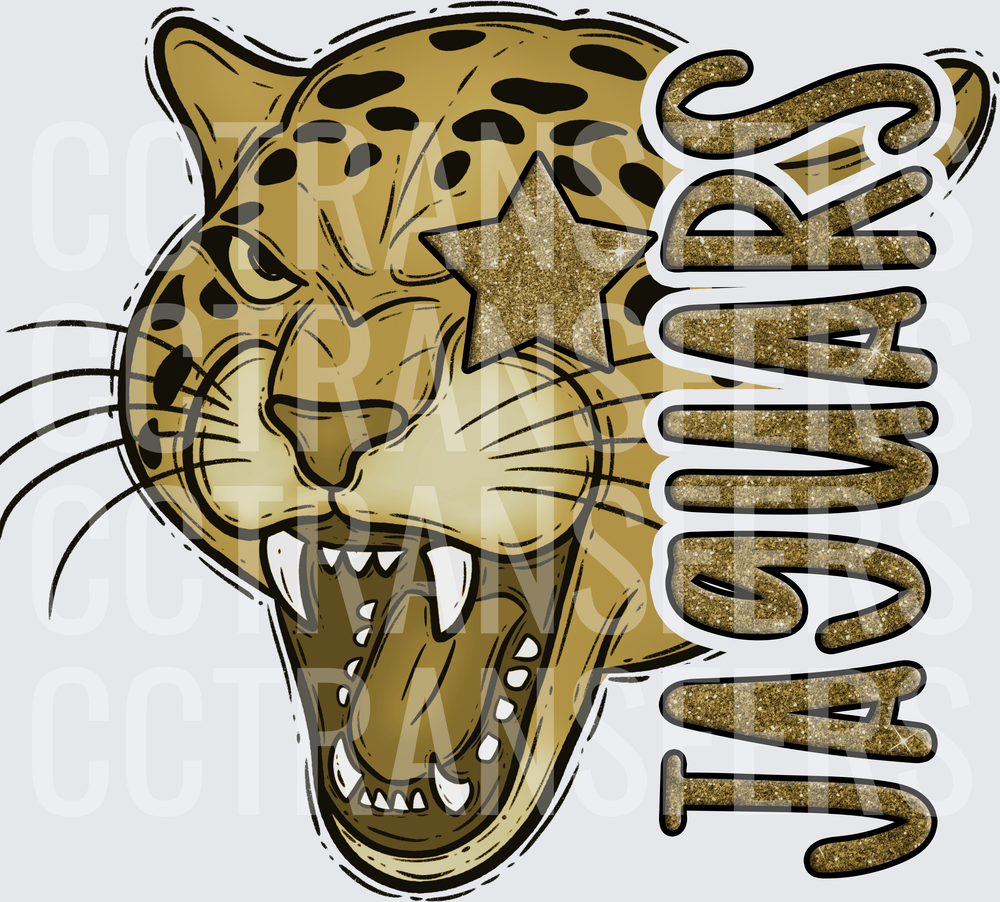 Jaguars Roaring Mascot Head Gold Glitter Star (DTF)