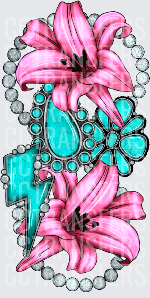 Pink Lily Flowers Turquoise Jewelry Lightning Bolt Pearls (DTF)