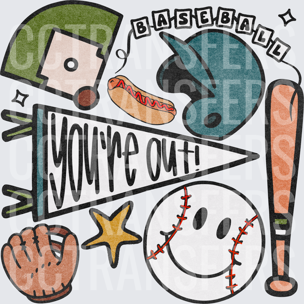 Baseball You're Out Pennant Smiley Icon Collage (DTF)
