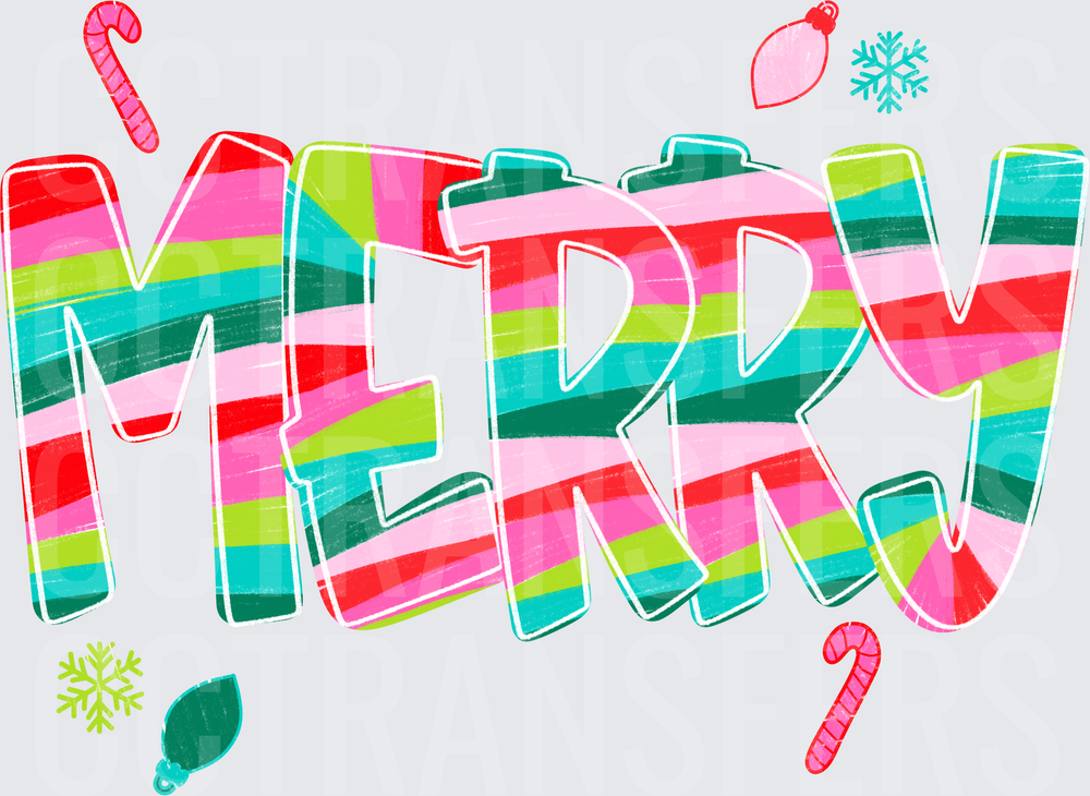 Merry Colorful Striped Bold Holiday Text with Christmas Icons (DTF)