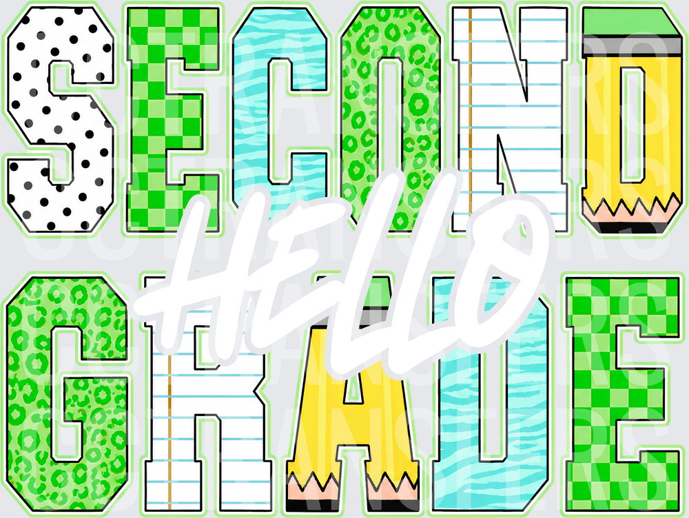 Second Grade Patterned Block Letters Green School (DTF)