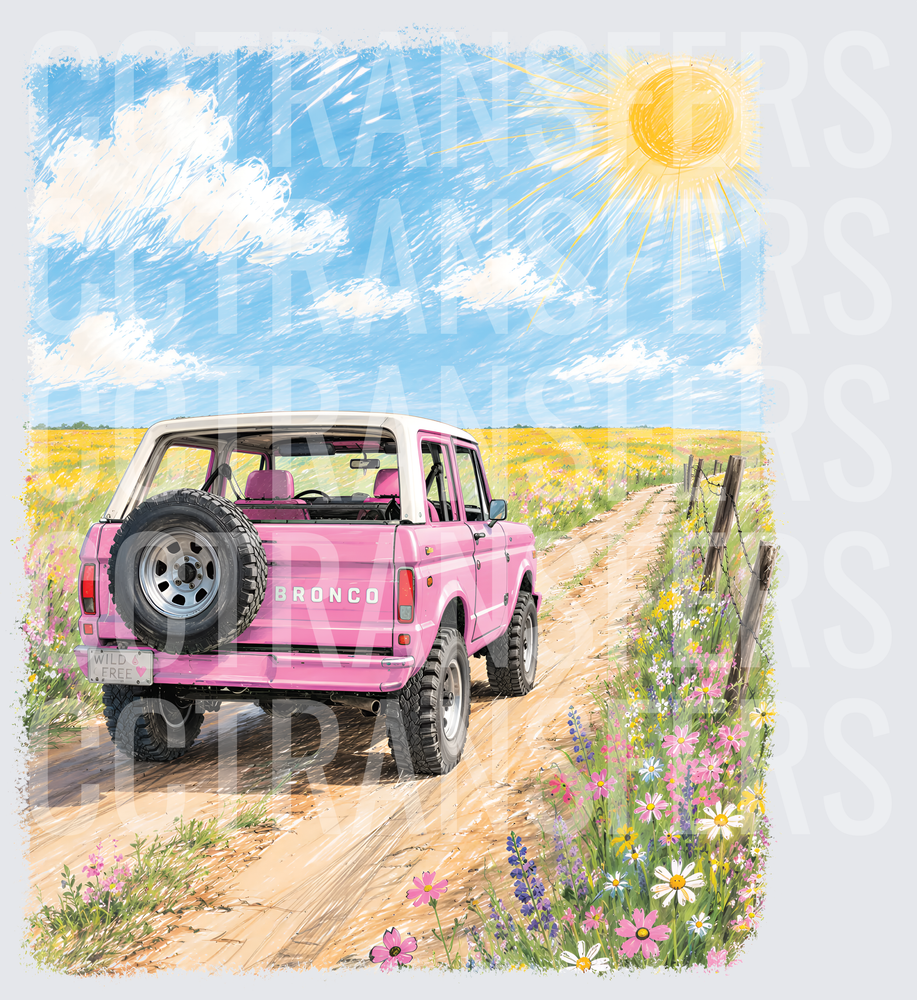 Pink 4x4 Off-Road SUV Wild Free Dirt Road Wildflowers (DTF)