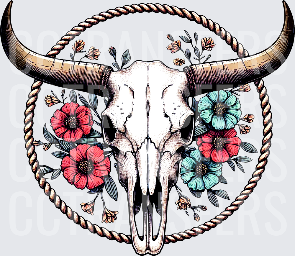 Boho Bull Skull Floral Rope Lasso Western (DTF)