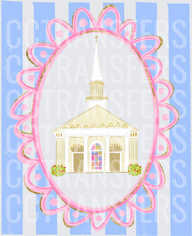 Pastel Church Steeple Cross Pink Scallop Oval Frame (DTF)