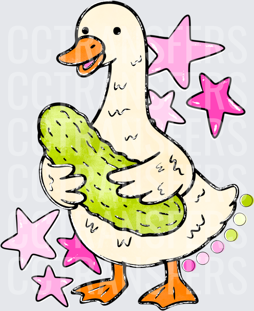 Cute White Duck Hugging Pickle Pink Stars (DTF)