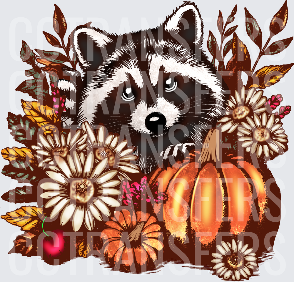 Cute Raccoon Fall Pumpkins Daisy Flowers Autumn Leaves (DTF)