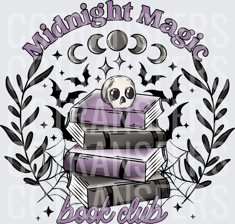 Midnight Magic Book Club Skull Stack Bats Moon Phases (DTF)