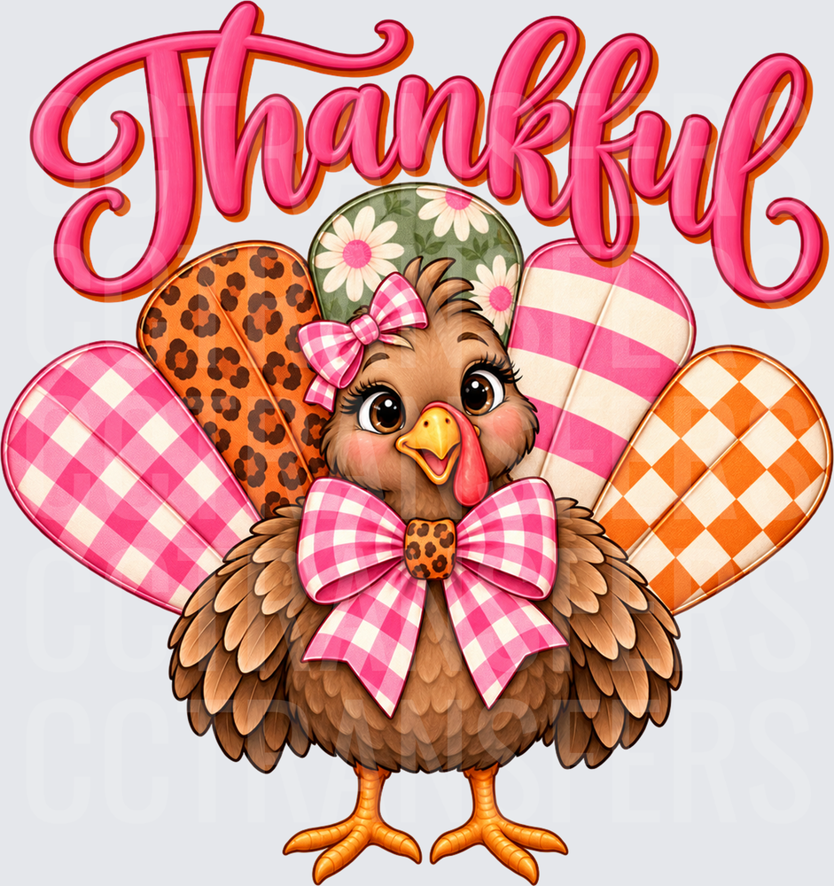 Thankful Cute Turkey Pink Gingham Bow Patterned Feathers (DTF)
