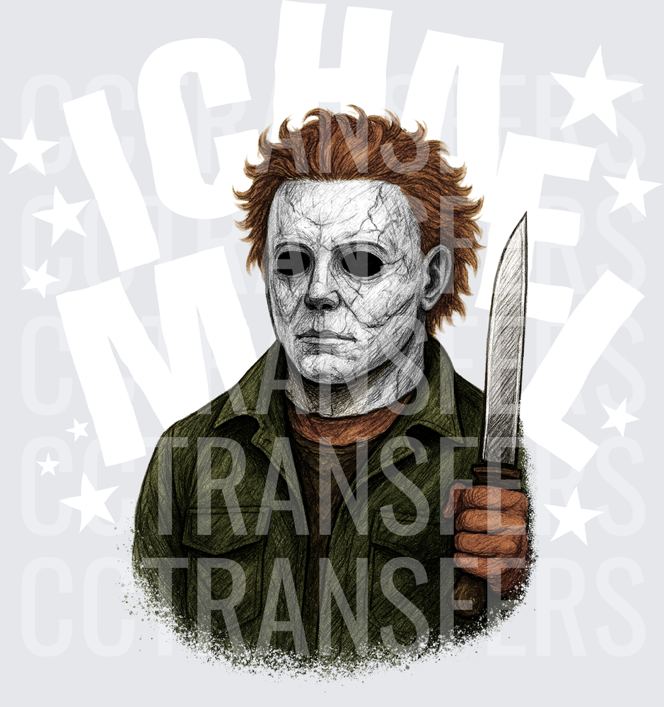 Cracked White Mask Horror Killer Holding Knife Sketch (DTF)