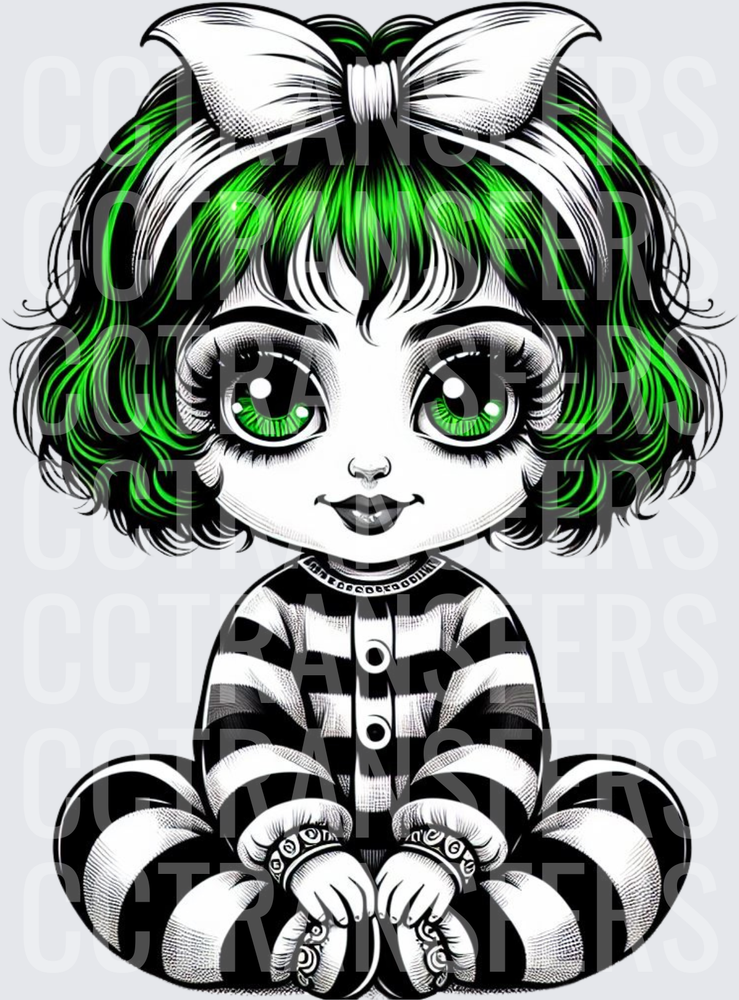 Chibi Goth Girl Green Hair Bow Black Stripe Outfit (DTF)