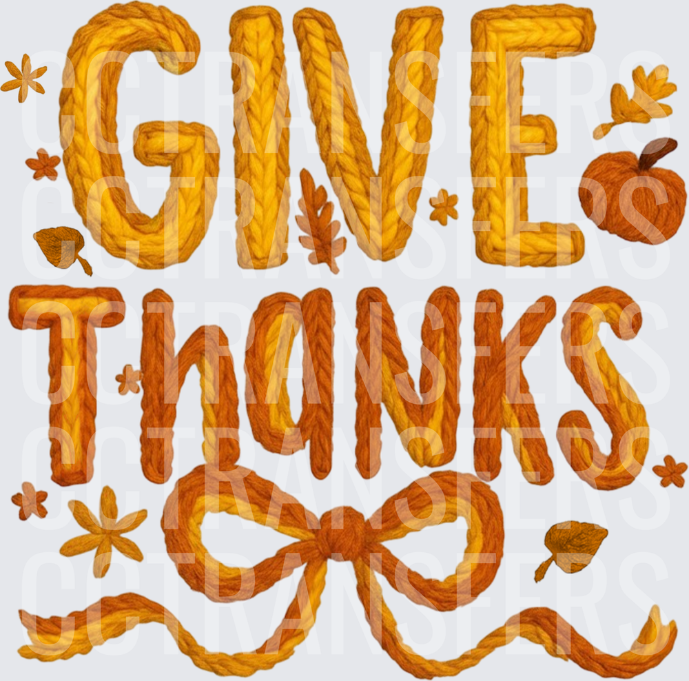 Give Thanks Yarn Knit Lettering Pumpkin Fall Bow (DTF)