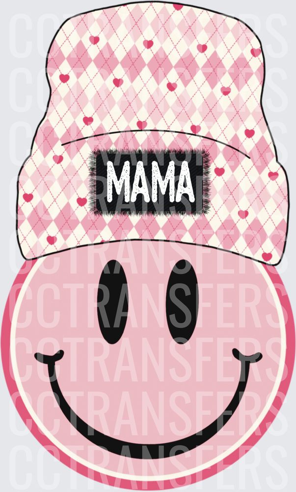 Pink Smiley Face Wearing Mama Argyle Heart Beanie (DTF)