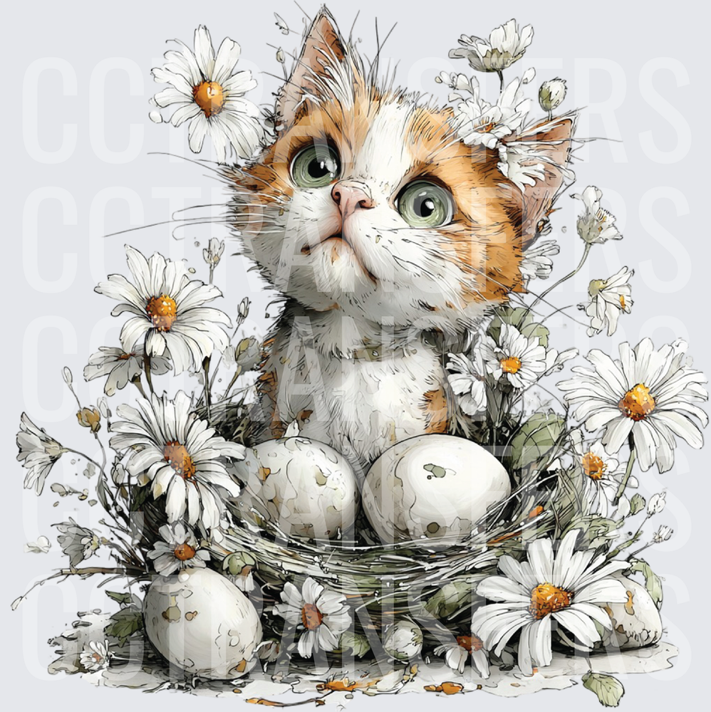 Whimsical Calico Kitten Nest Eggs Daisies Spring (DTF)