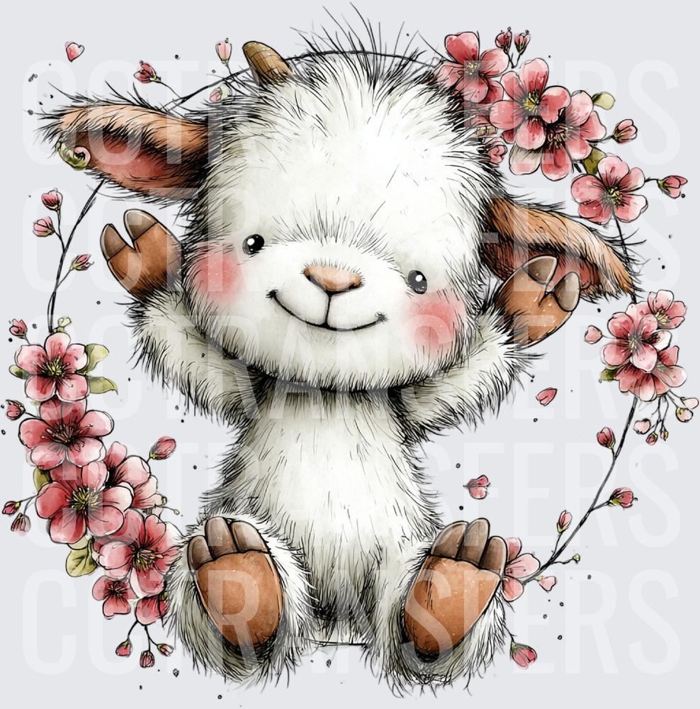 Fluffy Baby Goat with Pink Cherry Blossoms (DTF)
