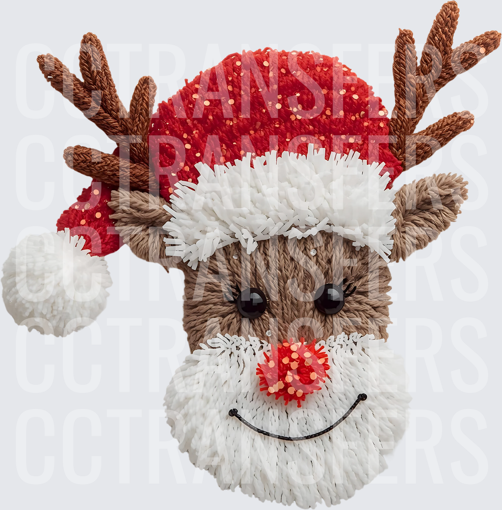 Cozy Yarn Reindeer Red Glitter Santa Hat Red Nose (DTF)