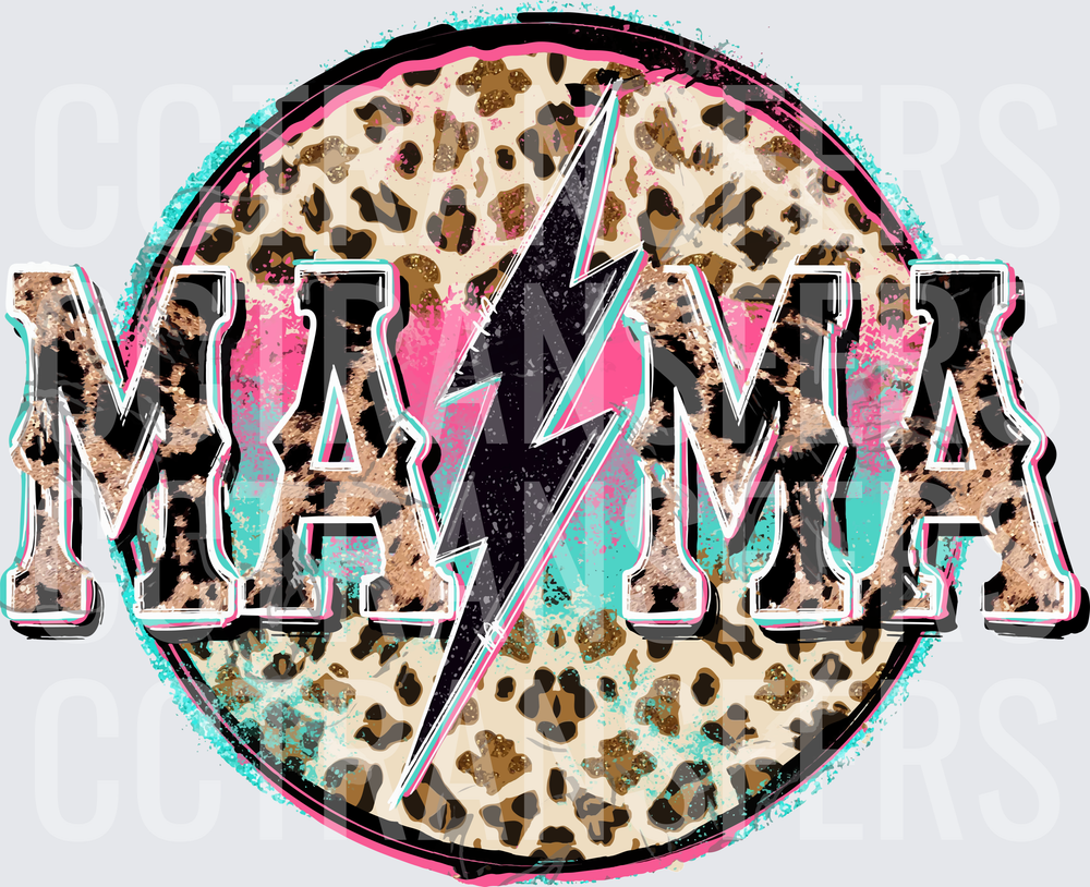 Mama Leopard Print Lightning Bolt Circle Pink Teal (DTF)