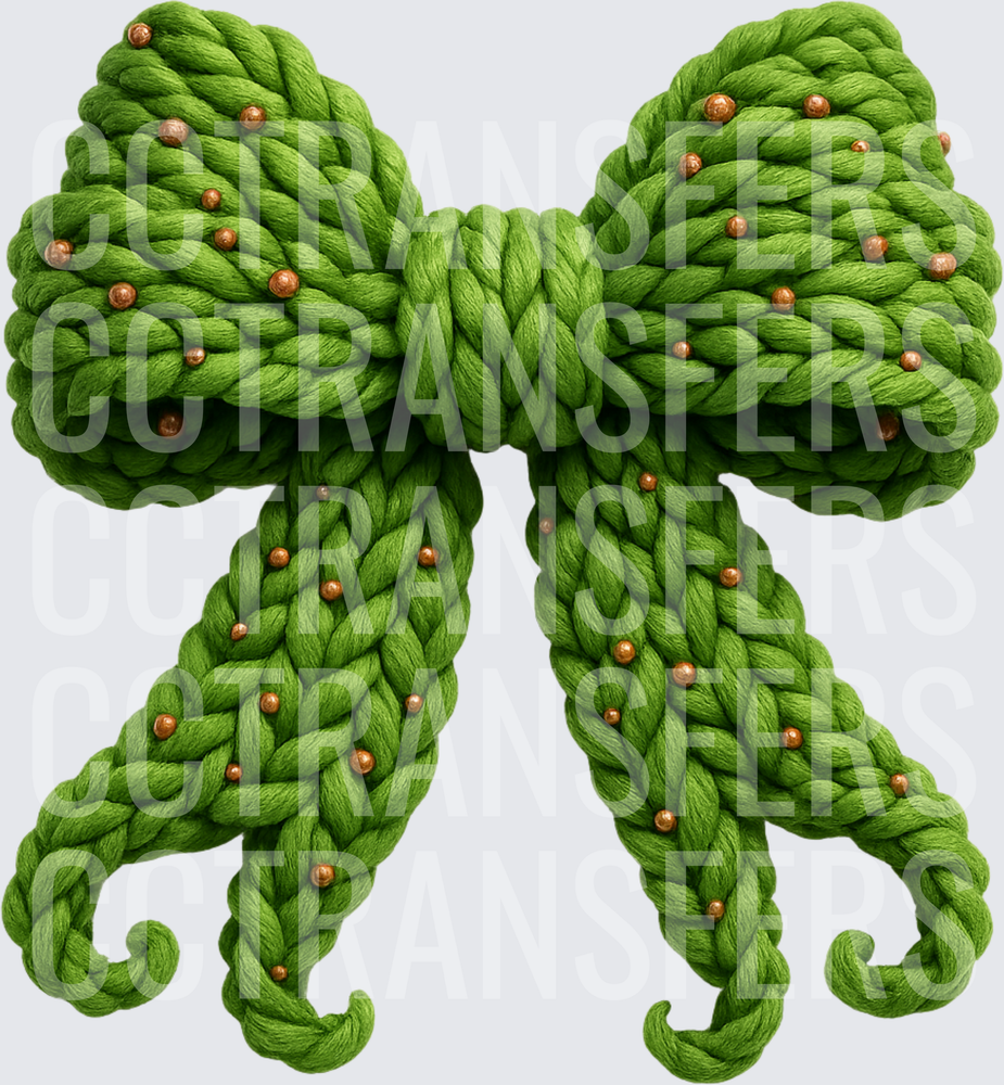 Chunky Braided Yarn Bow with Copper Beads Green (DTF)