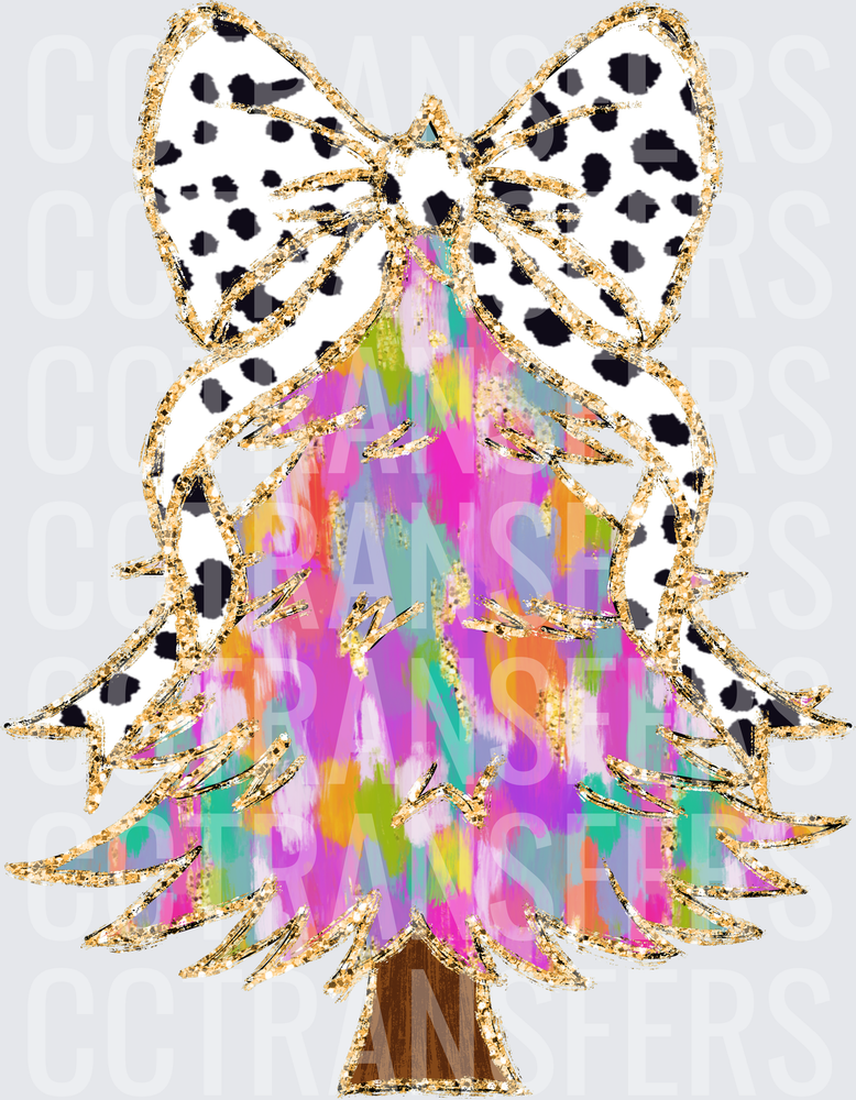 Colorful Christmas Tree Gold Glitter Dalmatian Bow (DTF)