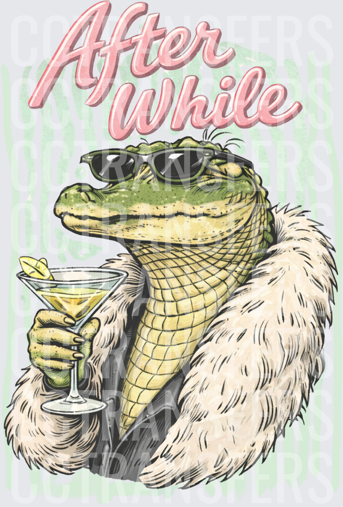 After While Fancy Gator Holding Martini in Fur Coat (DTF)