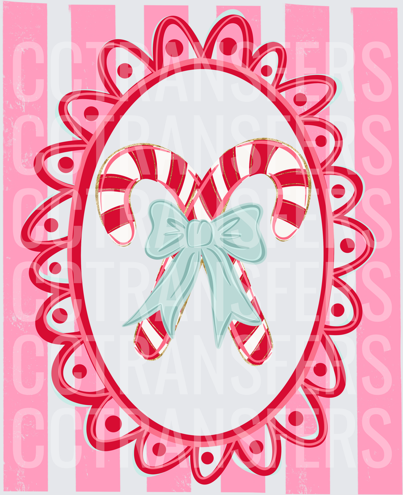 Crossed Candy Canes Light Blue Bow Pink Stripe Oval Frame (DTF)