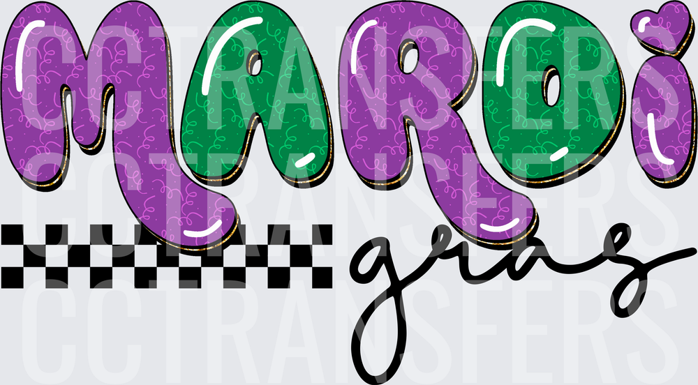 Mardi Gras Retro Bubble Letter Checkered Design (DTF)