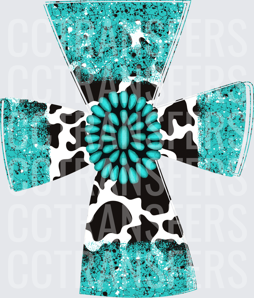 Turquoise Concho Cross Cow Print Western Grunge (DTF)