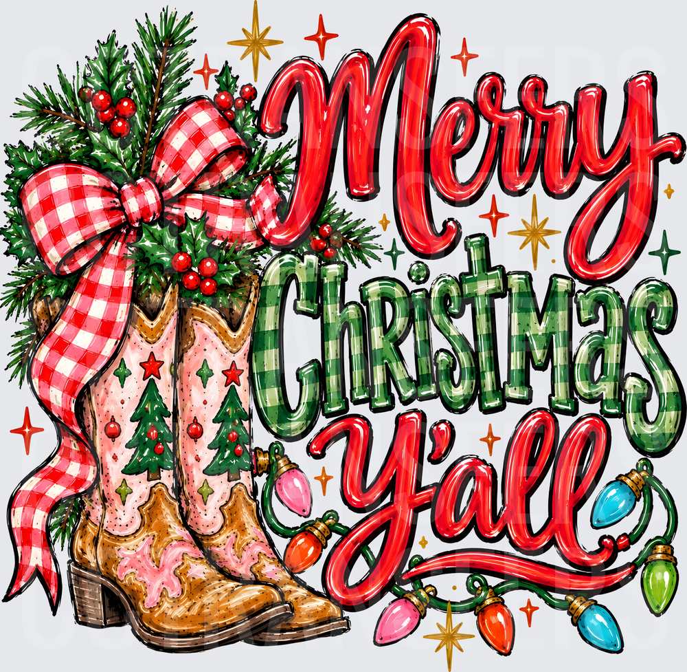 Merry Christmas Y'all Western Cowboy Boots Holiday (DTF)