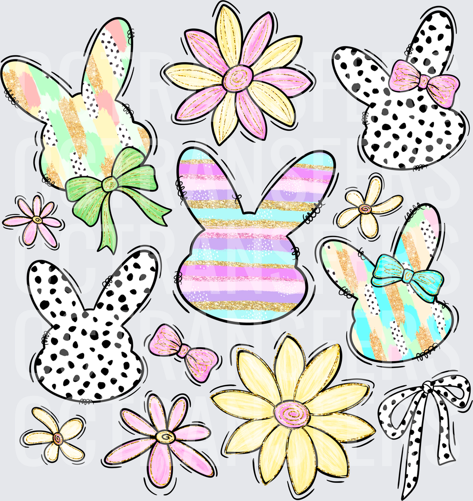 Pastel Easter Bunny Silhouettes Flowers Bows Doodle (DTF)